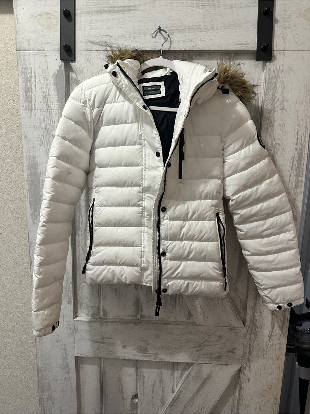 Superdry White Quilted Puffer Jacket with Faux Fur Hood Trim